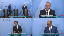 Mark Rutte, Kanzler Merz und Minister Pistorius nach gemeinsamer Kabinettssitzung | 01.07.26
